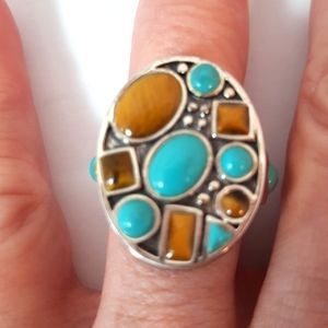Boho Turquoise, Tiger's Eye and Silver Ring